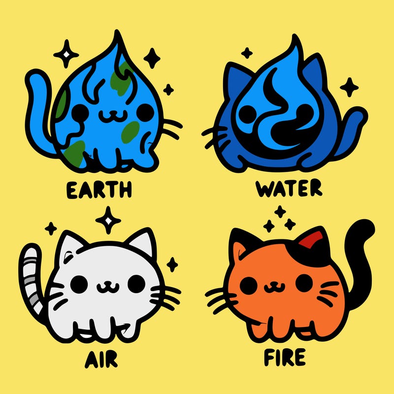 4 cats that represent the different elements, earth, water, air, and fire
