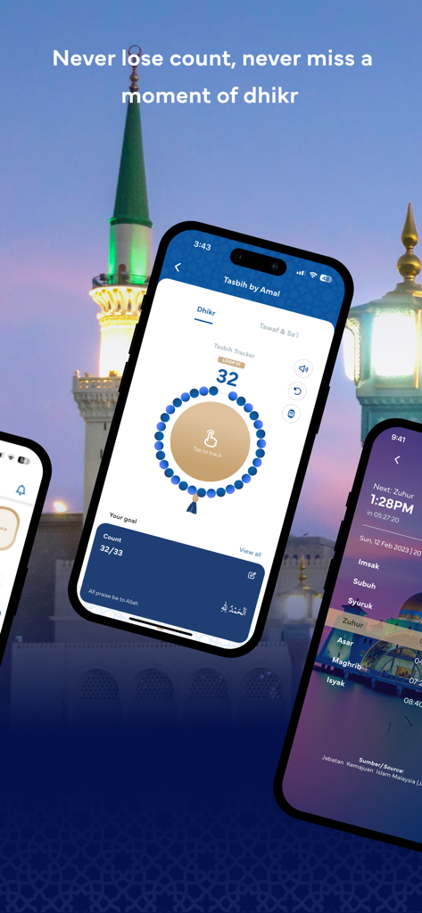 Amal by Malaysia Airlines - A smartphone showing the Tasbih digital prayer beads and prayer times schedule within the Amal by Malaysia Airlines app.