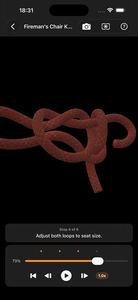 Maritime Master - Knots - Animación interactiva en 3D que muestra el paso 4 para atar un nudo de silla de bombero (Fireman's Chair knot) en la aplicación Maritime Master