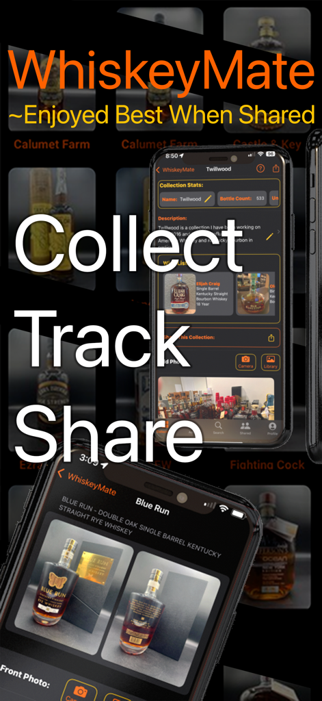 WhiskeyMate app screens for collecting and tracking whiskey bottles on iPhone