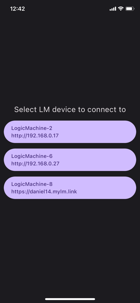 LM Home - LM Home app screen displaying a list of LogicMachine devices available for connection