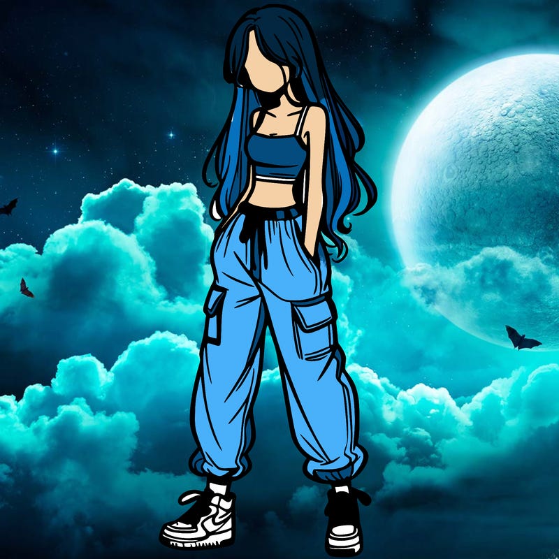 girl in baggy pants crop top and long hair