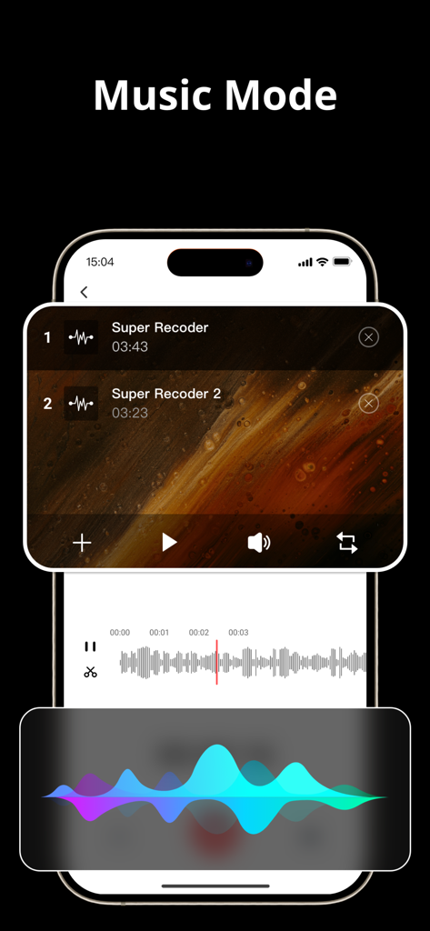 Voice Recorder + Voice Memos - Interfaz de la aplicación Grabadora de Voz destacando la función de Modo Música con una lista de reproducción y formas de onda de audio.