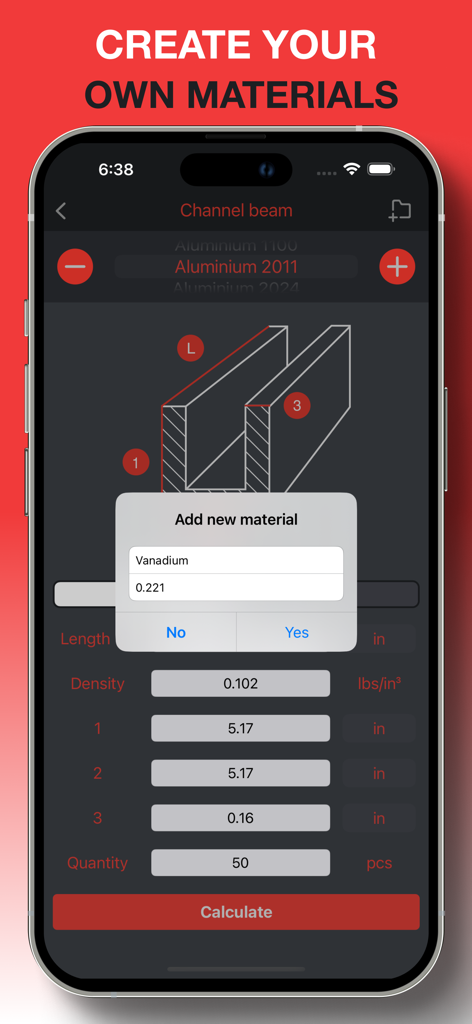 Rolled metal weight calculator - A mobile app screen showing a pop up dialog to add a new custom material with a specific density for metal weight calculations.