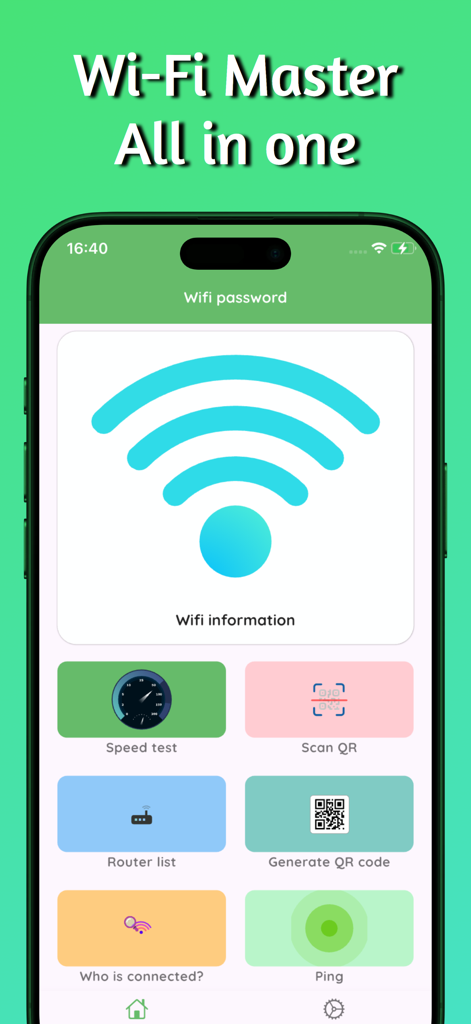 WiFi Master - All in one - Main dashboard of the WiFi Master app featuring network tools like speed test and ping tool