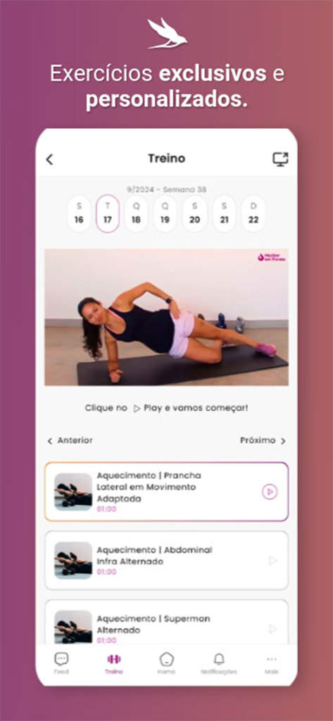 Mulher Em Forma - Mulher Em Forma app screen showing a woman performing a side plank and a list of personalized fitness exercises
