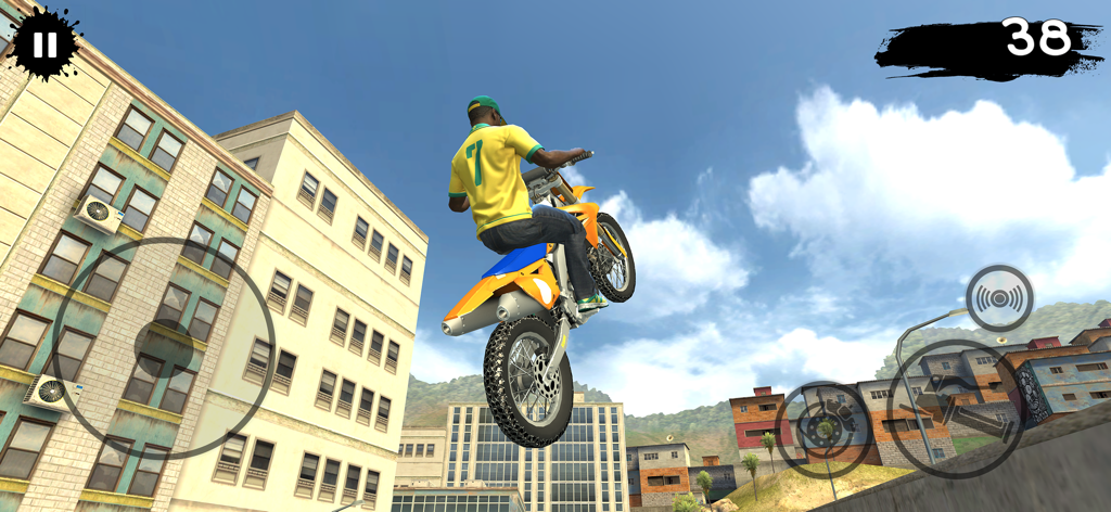Bike games - Racing games - Ein 3D-Motorrad-Simulationsspiel, das einen Fahrer zeigt, der einen Wheelie-Stunt in einer Stadt ausführt