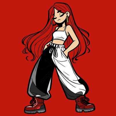 girl in baggy pants crop top and long hair