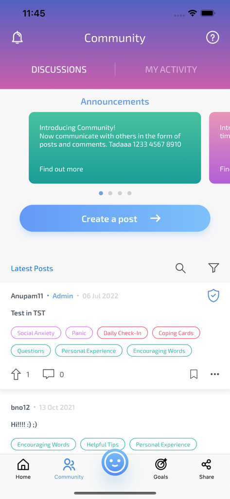 MindShift CBT - Anxiety Relief - Community forum interface of the MindShift CBT app showing user discussion posts and support tags