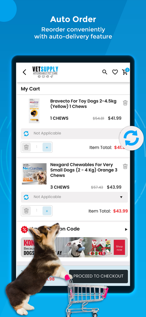 VetSupply app shopping cart screen highlighting the auto order feature for recurring pet medication delivery