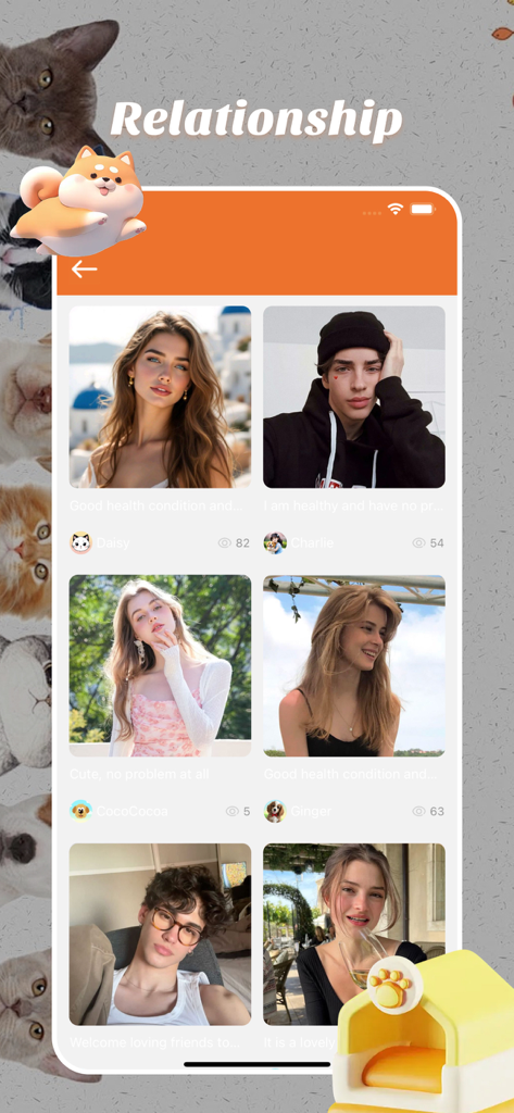 Une grille de profils d'utilisateurs sur la page Relations de l'application sociale pour animaux Zutto.