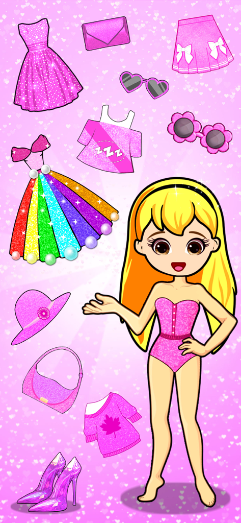 Dress Up Doll Games - Cute chibi doll character with various sparkly pink fashion accessories and dresses