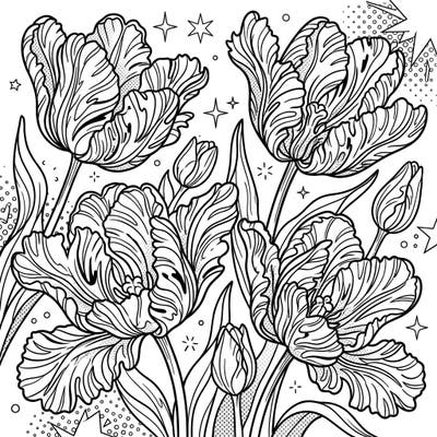 Discover the striking beauty of Parrot Tulips rendered in an exciting Pop Art style on this unique coloring page. Its bold outlines and dynamic patterns offer a fresh, creative coloring experience.