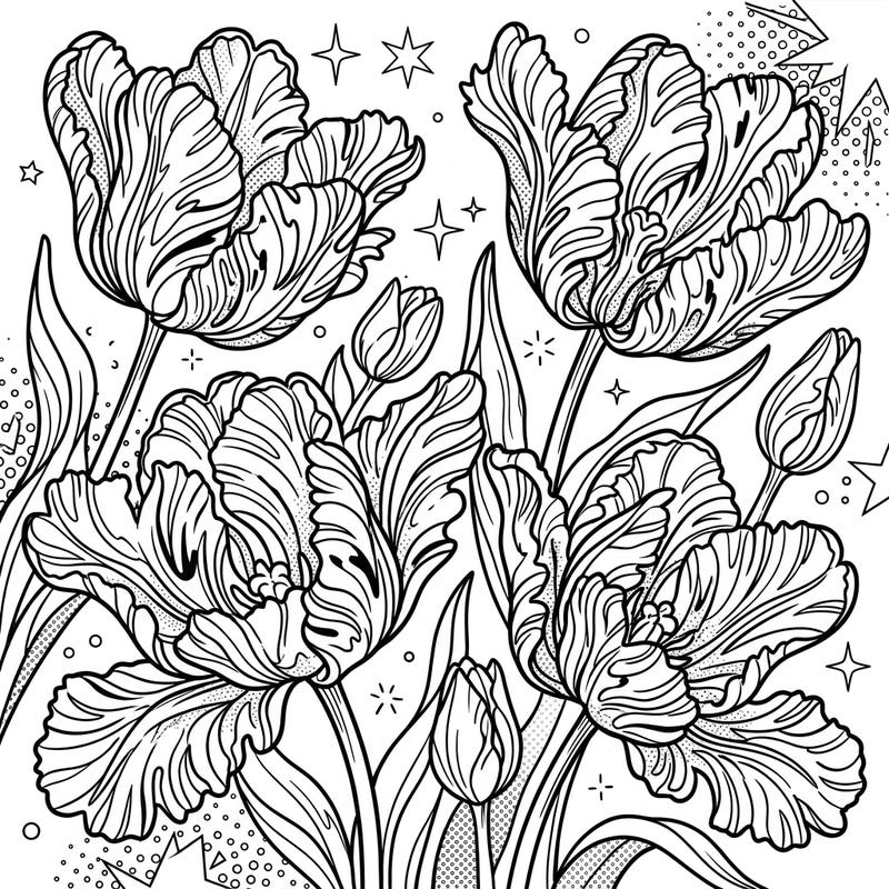 Discover the striking beauty of Parrot Tulips rendered in an exciting Pop Art style on this unique coloring page. Its bold outlines and dynamic patterns offer a fresh, creative coloring experience.