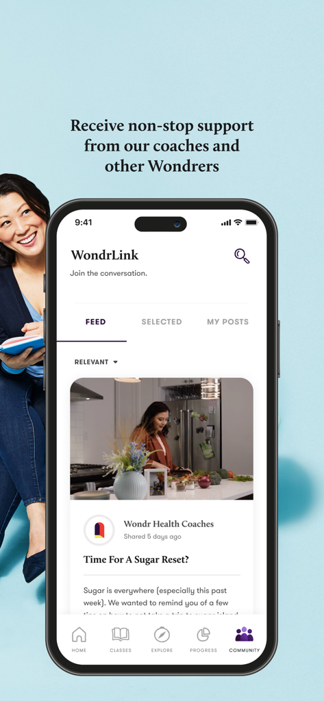 Wondr Health - Tela da comunidade do aplicativo Wondr Health mostrando dicas de coaching profissional e suporte aos membros