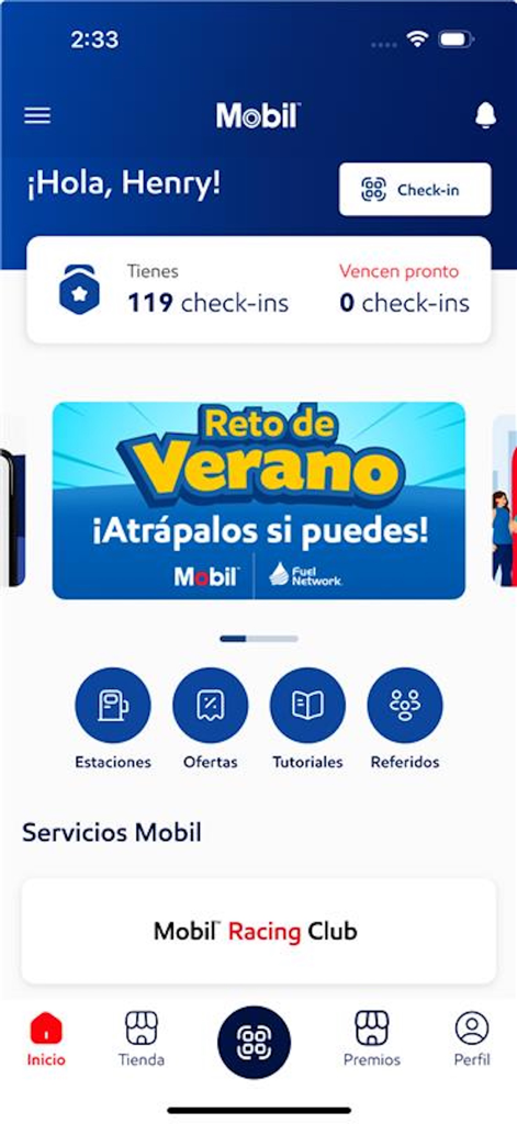 Dashboard della schermata principale dell'App Mobil con check-in fedeltà e stato dei premi