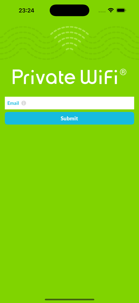 Private WiFi VPNアプリのログイン画面。メールアドレス入力フィールドと送信ボタンがあり、背景は緑色