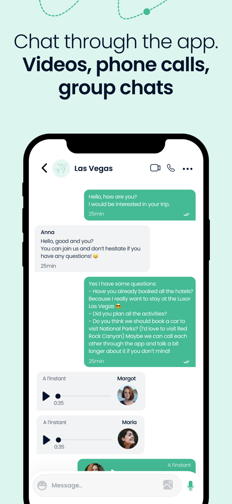 AuPairTrip - Una interfaz de chat grupal en la aplicación AuPairTrip donde los compañeros de viaje discuten planes para un viaje a Las Vegas
