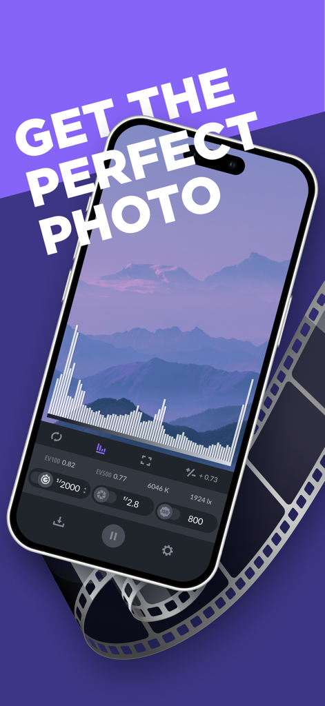 Pantalla de smartphone que muestra la aplicación Lux Light Meter Pro con histograma en tiempo real y ajustes de exposición para fotografía