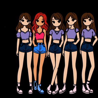 a group of girls wearing crop tops and shorts