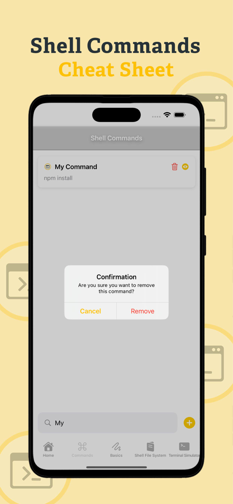 Boîte de dialogue de confirmation pour supprimer une commande shell enregistrée dans l'interface de l'application Fiche de commandes Shell