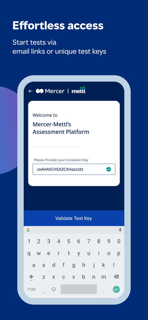 Mercer Mettl mobile app login screen showing an invitation key input field for starting assessments