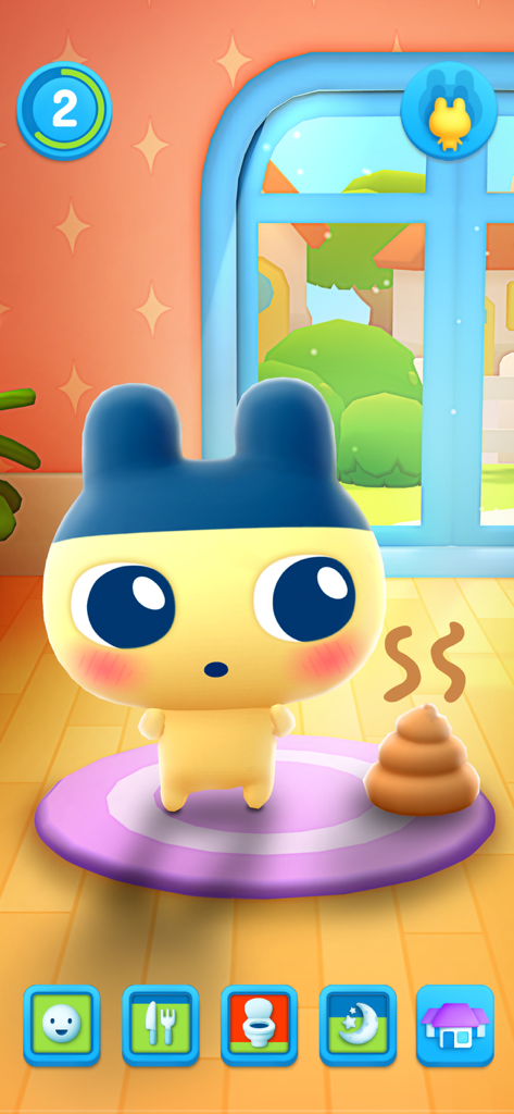 Mametchi-Charakter steht neben einem Chaos in einem bunten Raum in My Tamagotchi Forever.