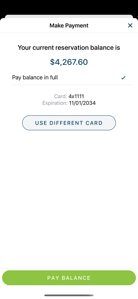 Happy Stays X - Mobile app screen for making a reservation payment showing balance and credit card options