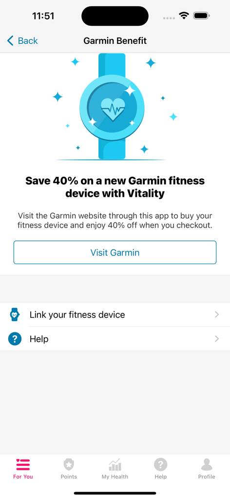 Interface de l'application Vitality Africa montrant une offre de réduction de 40 % sur un nouvel appareil de fitness Garmin.