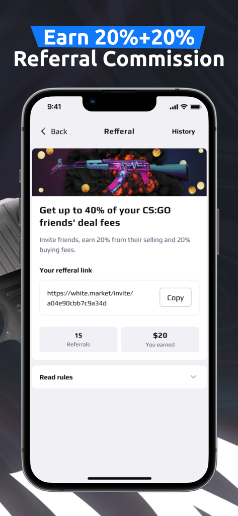Empfehlungsprogramm-Bildschirm in der white.market-App, der Optionen zur Verdienung von Provisionen aus CS2 Skin-Trades zeigt