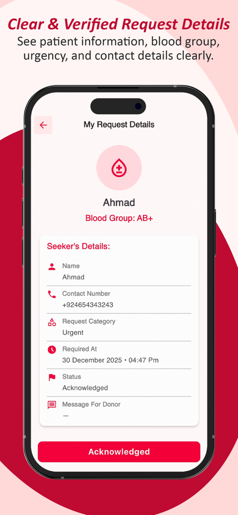 Blood Sync App - Screenshot of the Blood Sync app displaying a verified blood donation request with patient name, blood type AB positive, and urgent status.