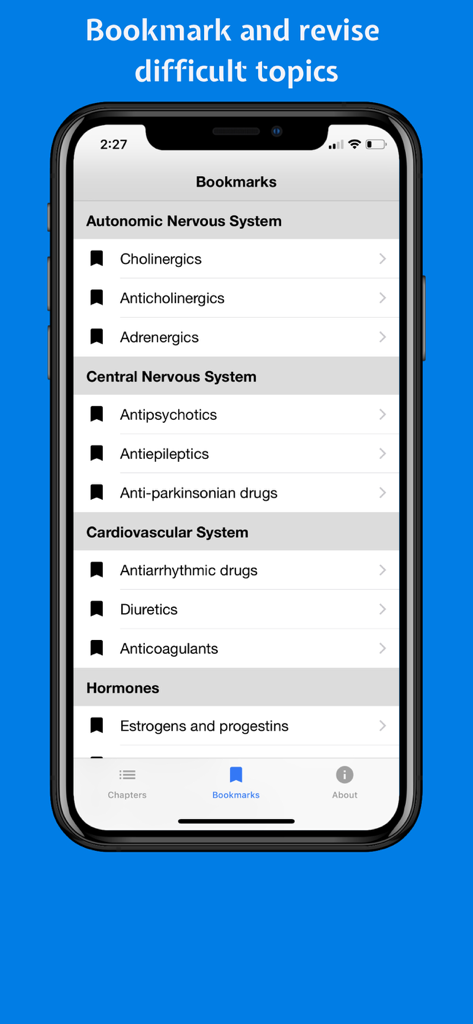 Classify Rx for pharmacology - Screenshot of the bookmarks feature in the Classify Rx pharmacology app showing categorized bookmarked drug topics