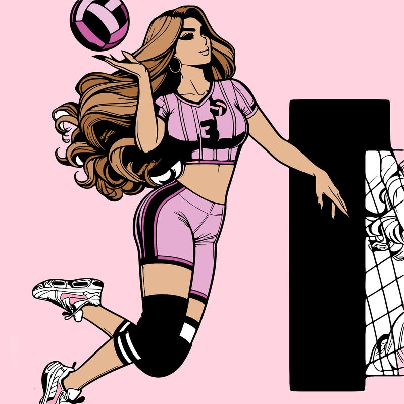 𝓐 𝔀𝓸𝓶𝓪𝓷 𝔀𝓲𝓽𝓱 𝓵𝓸𝓷𝓰 𝓯𝓵𝓸𝔀𝓮𝔂 𝓱𝓪𝓲𝓻 𝓪𝓷𝓭 𝓹𝓵𝓪𝔂𝓲𝓷𝓰 𝓿𝓸𝓵𝓵𝓮𝔂𝓫𝓪𝓵𝓵 𝓼𝓱𝓮 𝓲𝓼 𝓳𝓾𝓶𝓹𝓲𝓷𝓰 𝓾𝓹 𝓲𝓷 𝓽𝓱𝓮 𝓪𝓲𝓻 𝓽𝓸 𝓰𝓮𝓽 𝓽𝓱𝓮 𝓫𝓪𝓵𝓵 𝓪𝓷𝓭 𝓼𝓱𝓮 𝓱𝓪𝓼 𝓪 𝓼𝓽𝓻𝓲𝓹𝓮𝓭 𝓳𝓮𝓻𝓼𝓮𝔂 𝔀𝓲𝓽𝓱 𝓪 𝓹𝓻𝓲𝓷𝓽𝓮𝓭 𝓿𝓸𝓵𝓵𝓮𝔂𝓫𝓪𝓵𝓵 𝓲𝓷 𝓽𝓱𝓮 𝓶𝓲𝓭𝓭𝓵𝓮 𝓪𝓷𝓭 𝓼𝓱𝓮 𝓱𝓪𝓼 𝓽𝓲𝓰𝓱𝓽 𝓫𝓲𝓴𝓮𝓻 𝓼𝓱𝓸𝓻𝓽𝓼 𝓸𝓷 𝓪𝓷𝓭 𝓽𝓮𝓷𝓷𝓲𝓼 𝓼𝓱𝓸𝓮𝓼 𝔀𝓲𝓽𝓱 𝓷𝓮𝔀 𝓹𝓪𝓭𝓼