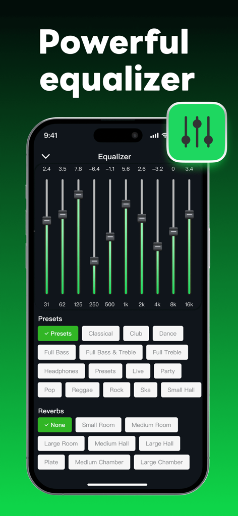 HT Offline Music Player app interface showing a powerful equalizer with frequency sliders sound presets and reverb options