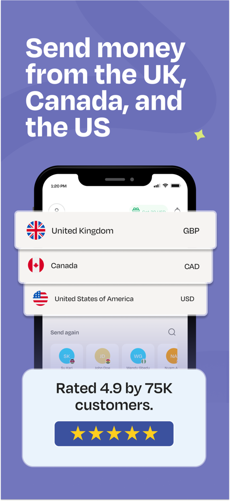 LemFi - 영국, 캐나다, 미국에서 송금하는 옵션을 보여주는 LemFi 앱 인터페이스, 4.9점의 평점