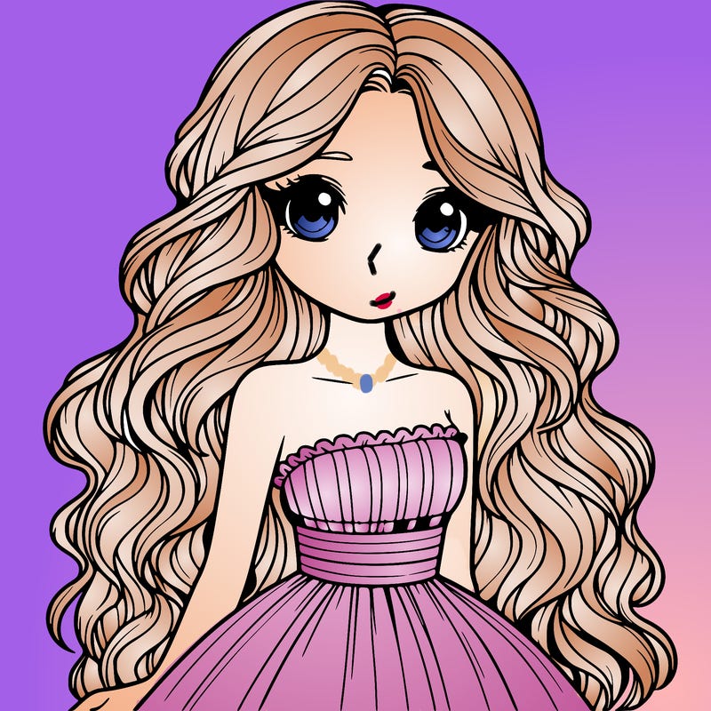 realistic cute girl in a dress with long wavy hair