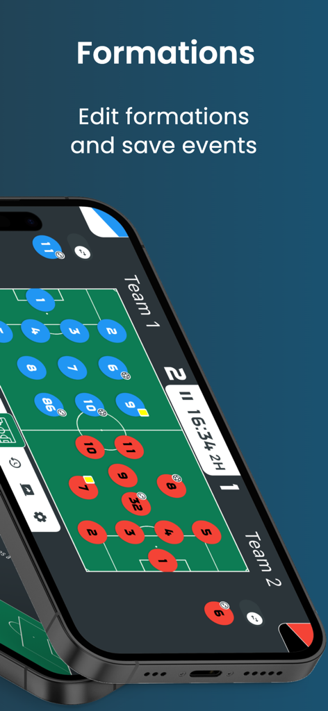 선수 포메이션과 경기 이벤트 추적을 표시하는 모바일 화면의 디지털 축구 전술 보드.