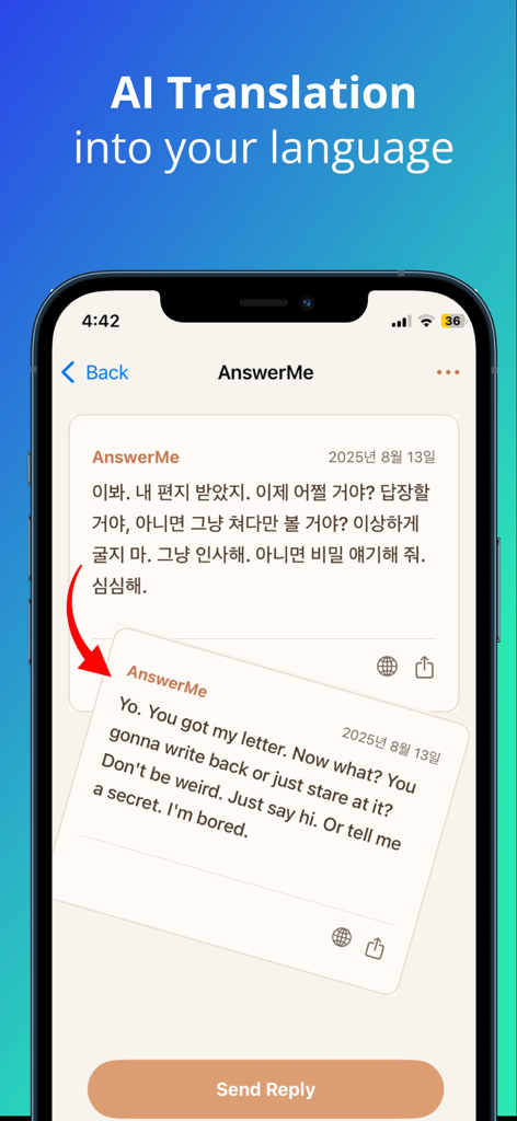 Letterly - Anonymous Letters - A mobile screenshot showing the AI translation feature in the Letterly app which translates an anonymous letter from Korean to English.