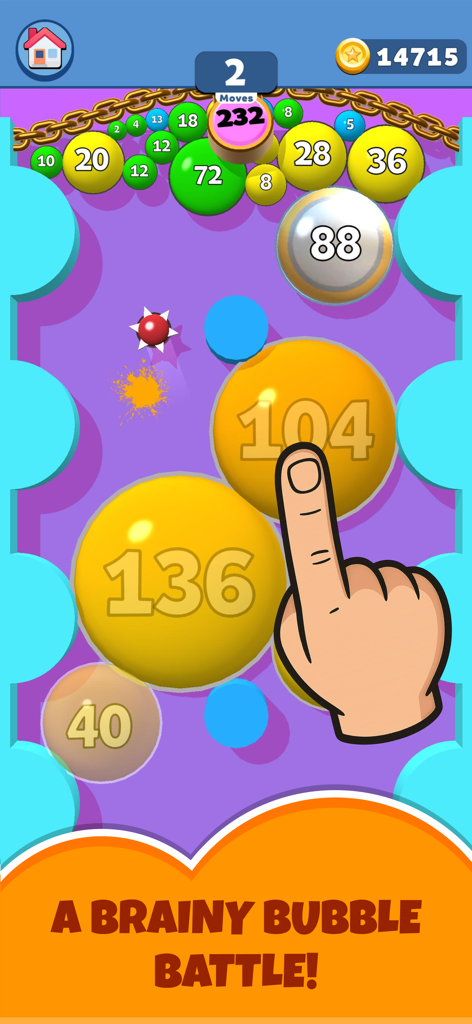 Puff Up - Puff Up의 게임 플레이 스크린샷으로, 숫자가 적힌 풍선을 부풀려 퍼즐을 푸는 손을 보여줌