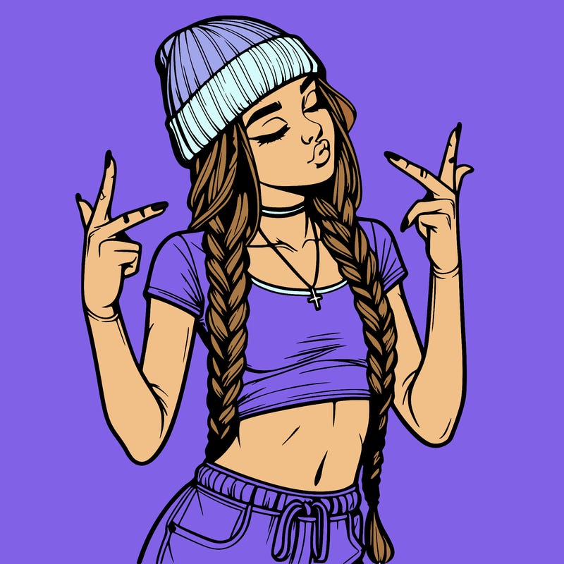 realistic teenage girl with braids and a beanie and crop top doing 🫶🏼