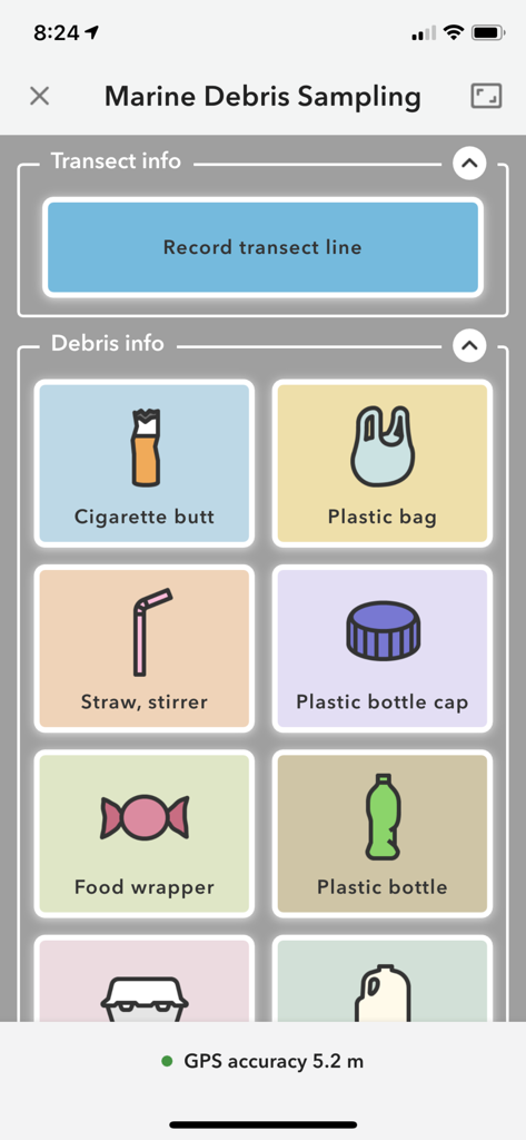 ArcGIS QuickCapture interface for marine debris sampling with large category buttons for data collection