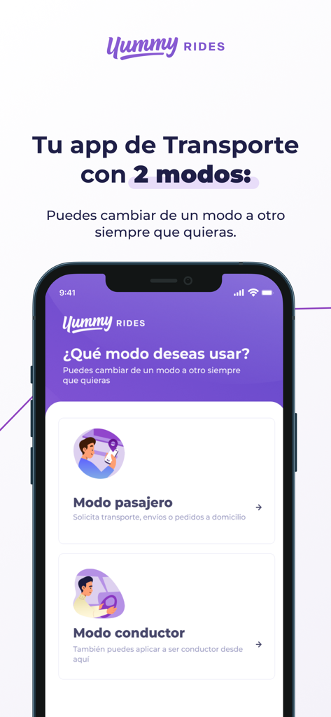 Yummy Rides - Viaja y Conduce - Yummy Rides app screen showing options to select between passenger and driver modes