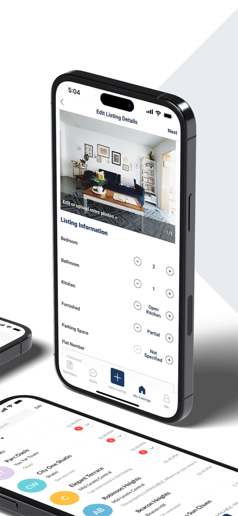 Spacious千居 Lister - Spacious Listerモバイルアプリのインターフェースに物件リスティングの詳細とエージェントの受信トレイが表示される