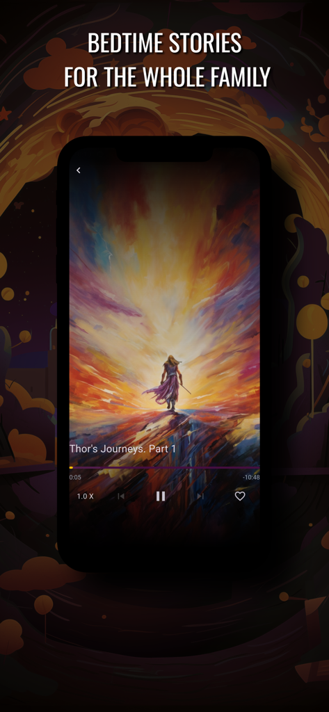 Dreamsy: Bedtime Stories Kids - Dreamsy mobile app interface showing an audio player for a kids bedtime story with a dreamy fantasy illustration