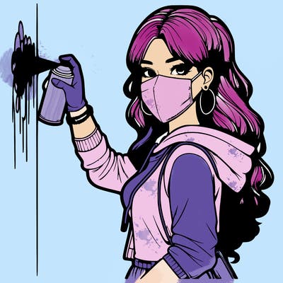 realistic girl with mask spray painting a wall