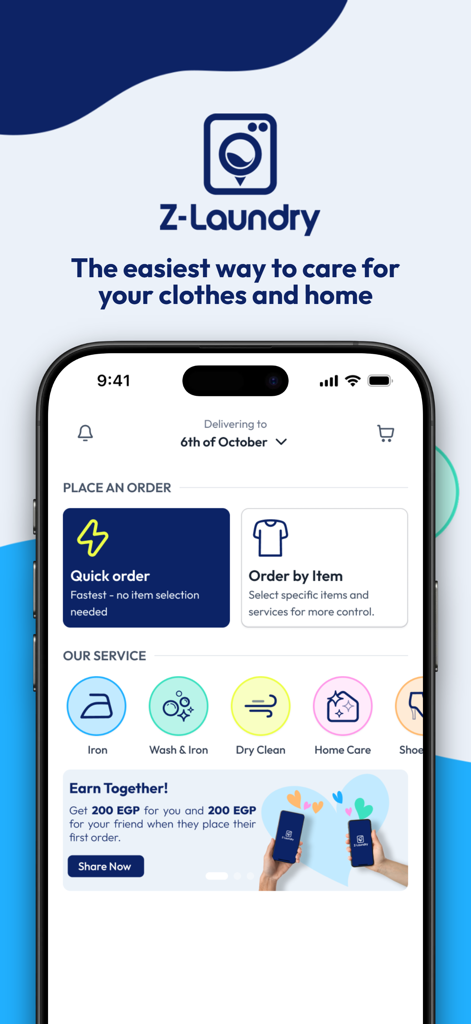 Z-Laundry - Z-Laundry App Startbildschirm mit Service-Optionen wie Waschen, Bügeln und chemische Reinigung mit einem Empfehlungsbanner