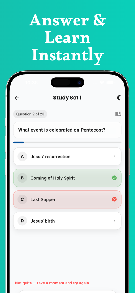 Bible Quiz Unlimited & Trivia - Pantalla de smartphone que muestra una pregunta de trivia bíblica de opción múltiple sobre Pentecostés con retroalimentación instantánea.
