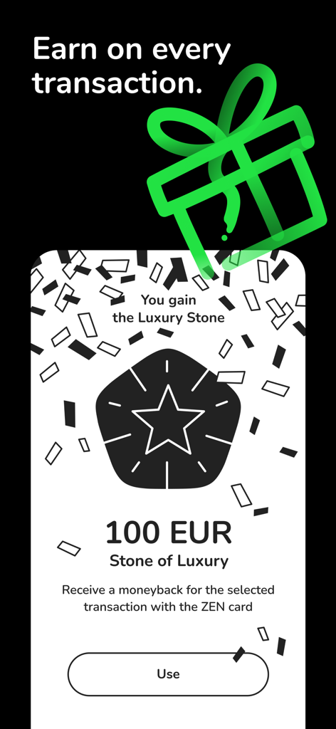 Écran du portefeuille mobile ZEN.COM affichant une récompense de 100 EUR en cashback pour la fonctionnalité Luxury Stone.
