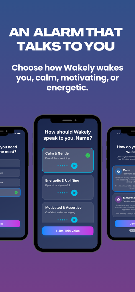 Interface of Wakely alarm clock app showing options to select different alarm voice tones like calm, energetic, and motivated.