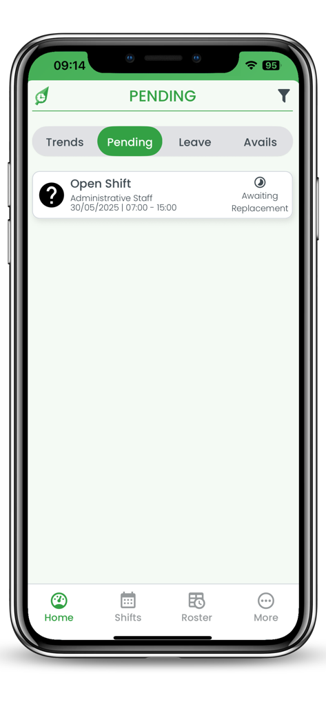 The RosterElf app interface showing a pending open shift for administrative staff awaiting replacement.